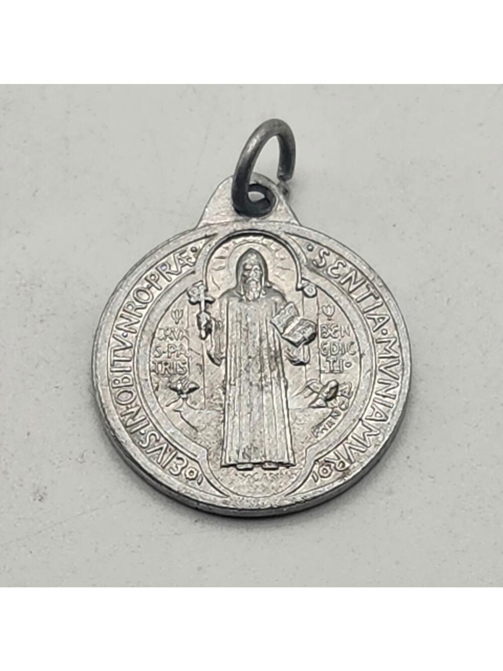 French St Benedict Medal Pendant Catholic Silver Tone Protection Cross Charm